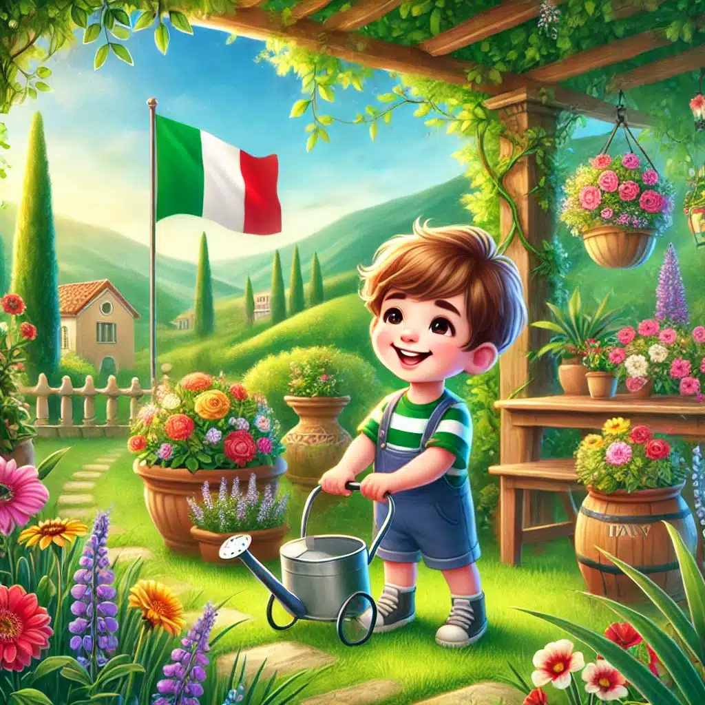 DALL·E 2024-07-01 23.17.12 - An inviting Italian garden scene featuring a joyful child enjoying the outdoors. The garden is lush with vibrant flowers and greenery, reflecting the